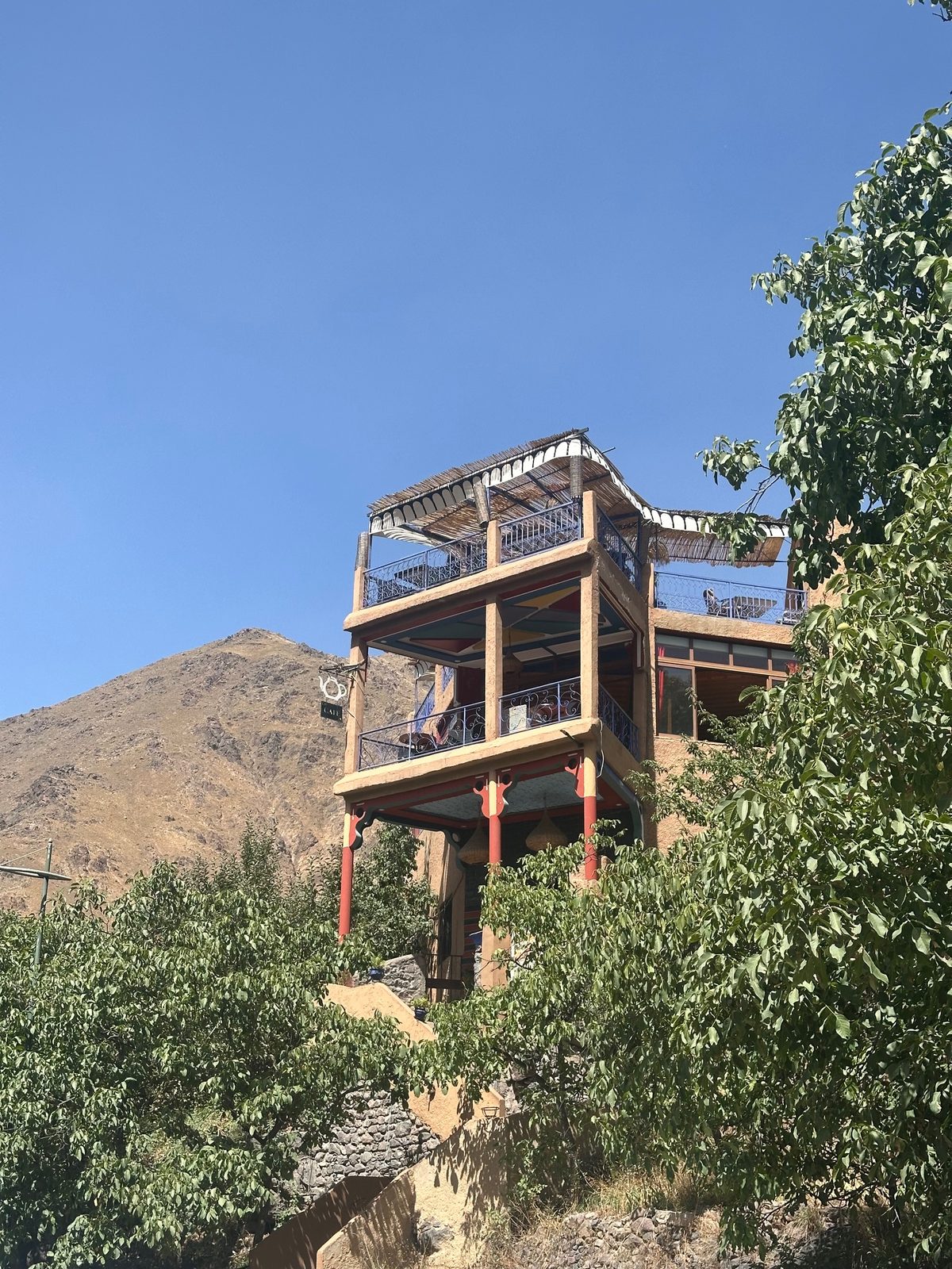 Le bâtiment vu d'en bas : étage vitré et terrasse ombragée de roseaux, adossés au versant